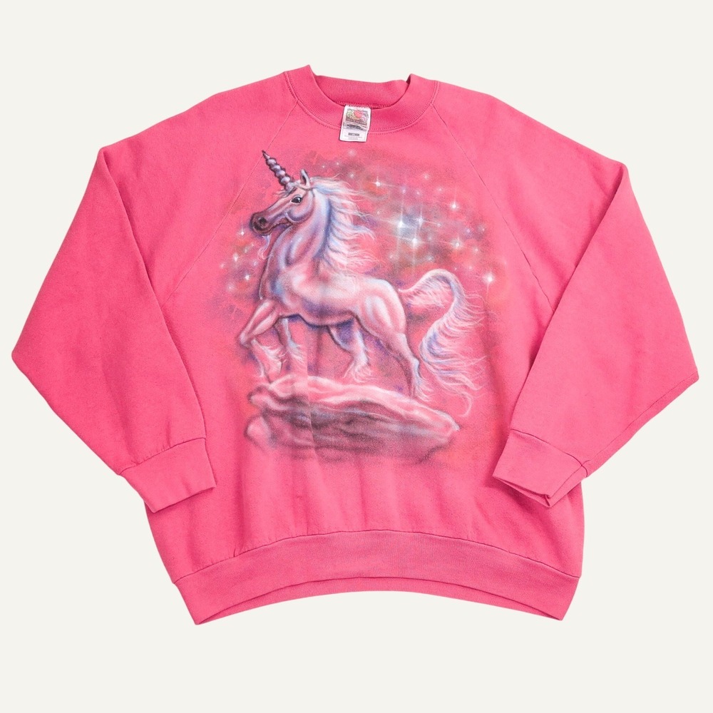 Vintage Fruit of the Loom Sweatshirt Womens XL Pink Unicorn Airbrush Raglan 90s